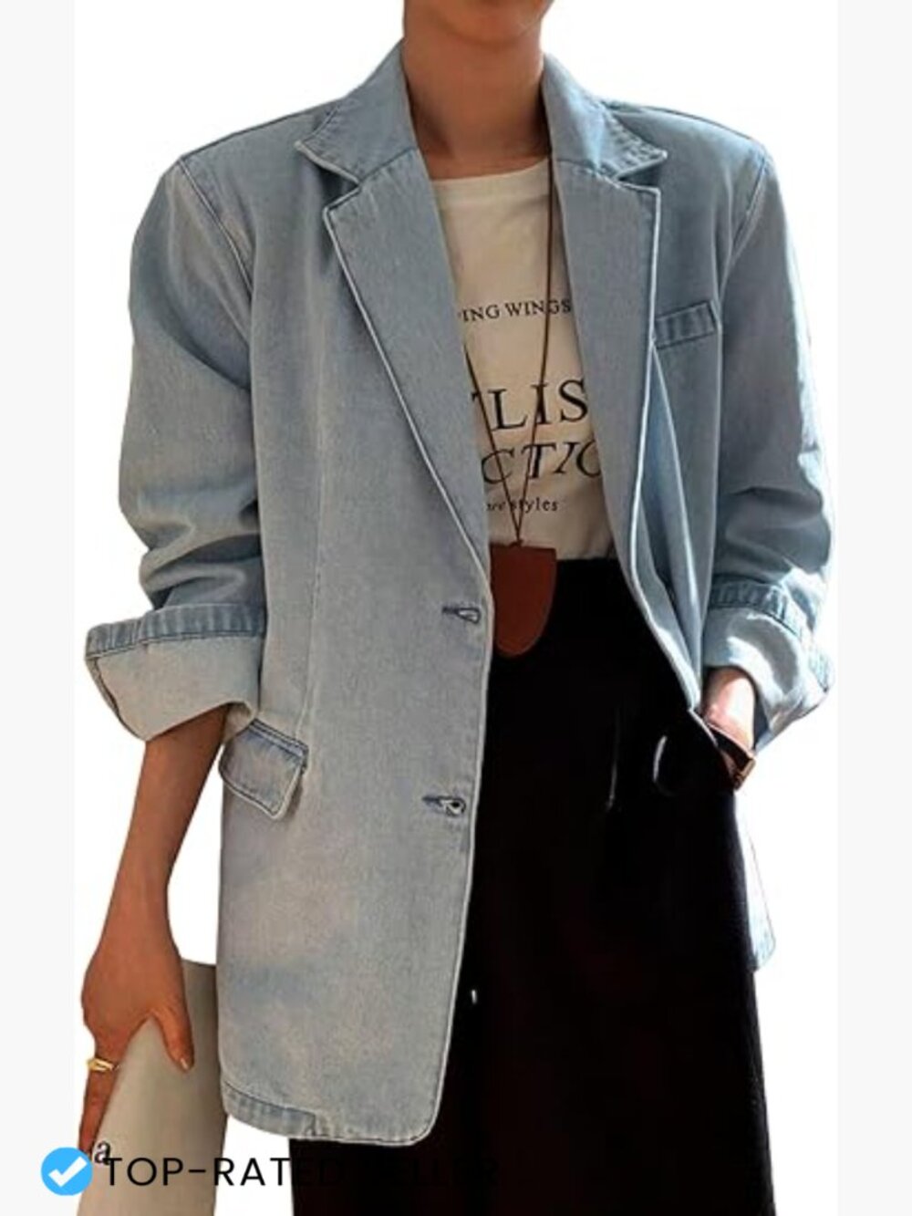 Lightweight Denim Blazer Jacket Oversized Open Front Casual Work Office